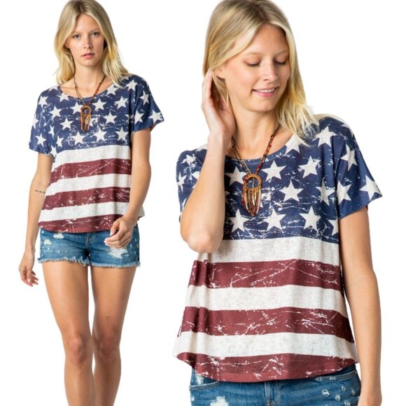 VOCAL Distressed American Flag Short Sleeve T Shirt Top S-XL NWT - Picture 1 of 9